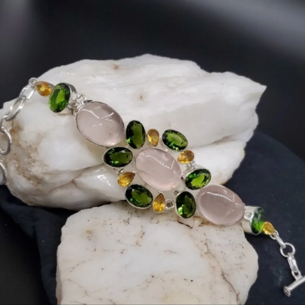 Genuine Rose Quartz Peridot Lemon Quartz Rhodium/925 Silver Bracelet